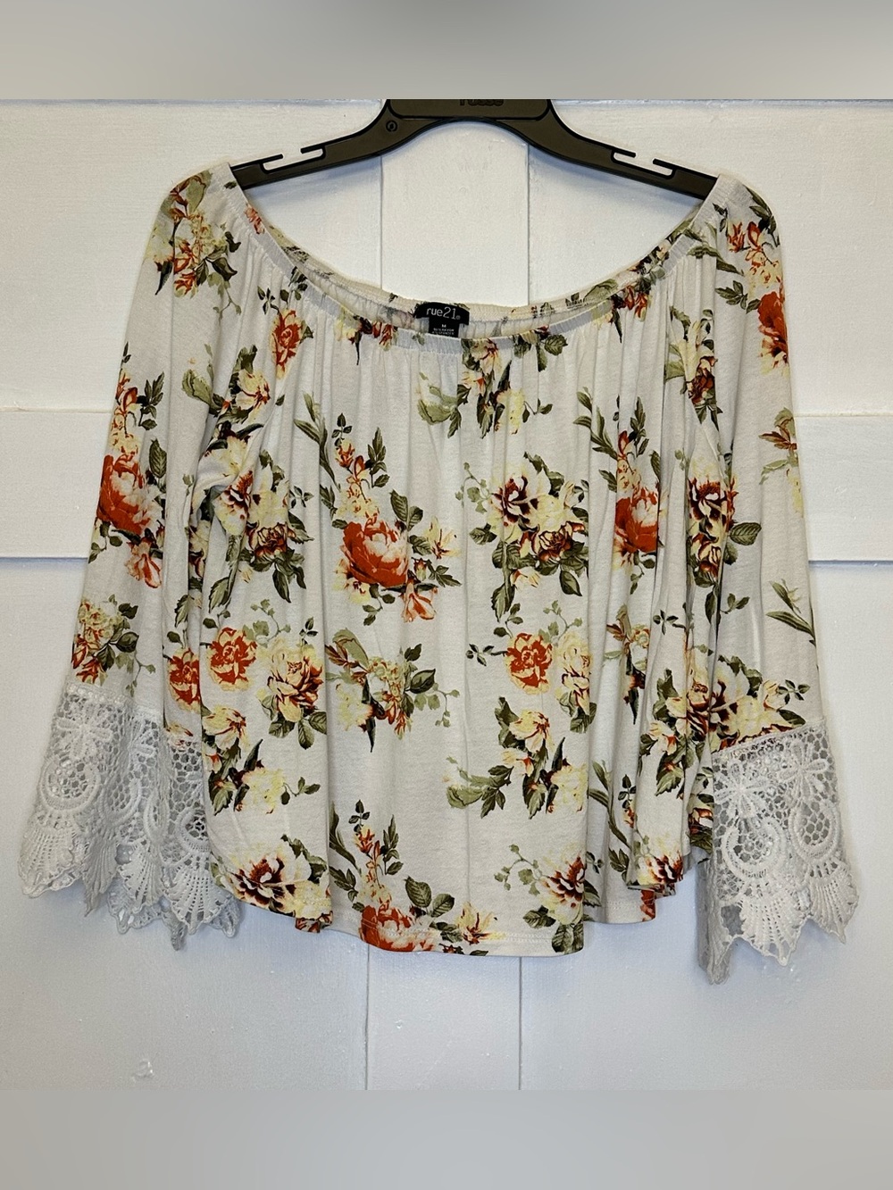 Rue21 Cream, Yellow, & Orange Floral Off-Shoulder Top with Lace Sz M